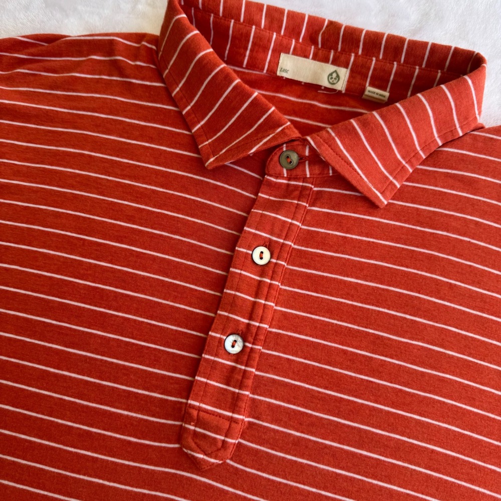 Tasc Performance Mens XL Polo Shirt Orange White Striped Bamboo Organic Cotton